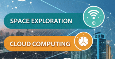 “Global Tech Shifts 2025 illustration showing AI, gadgets, cloud computing, cybersecurity, and space technology advancements.”