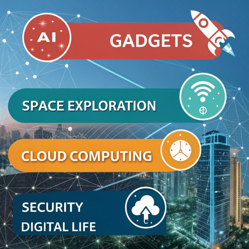 “Global Tech Shifts 2025 illustration showing AI, gadgets, cloud computing, cybersecurity, and space technology advancements.”